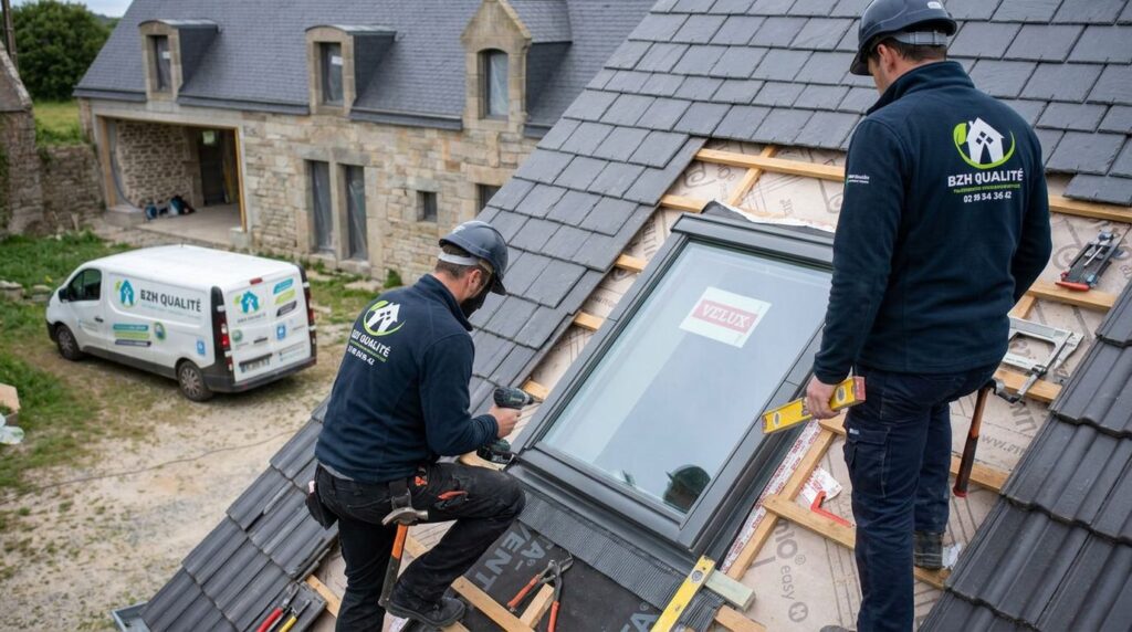 Techniciens BZH Qualité installant une fenêtre de toit sur une couverture en ardoise
