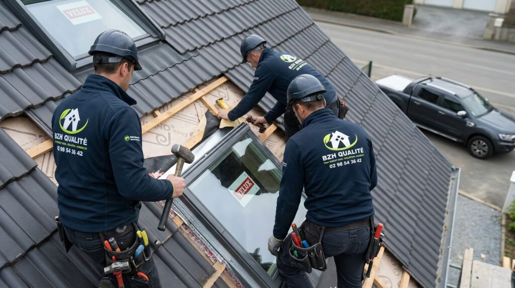 Équipe BZH Qualité pendant la pose d’une fenêtre Velux sur une toiture