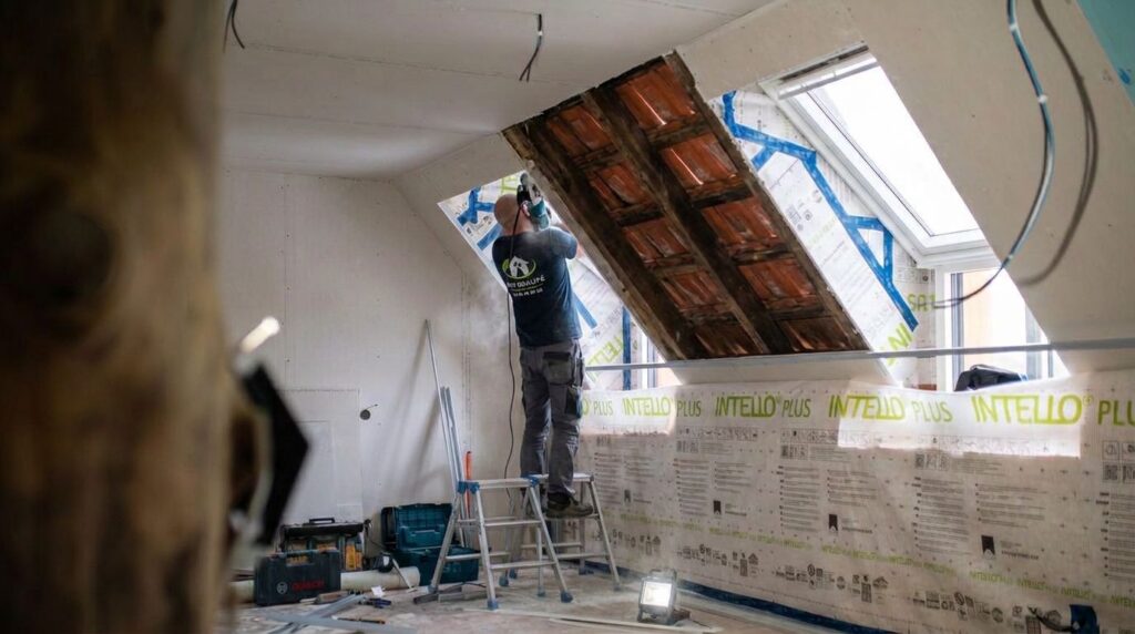 Travaux d’étanchéité à l’air autour d’une fenêtre de toit dans des combles