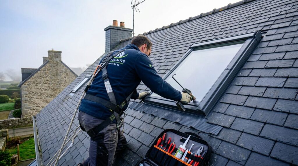 Contrôle de l’étanchéité d’une fenêtre Velux sur une toiture en ardoise