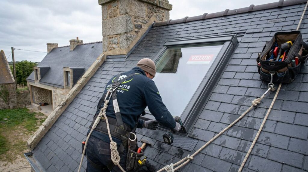 Pose d’une fenêtre Velux sur une toiture en ardoise