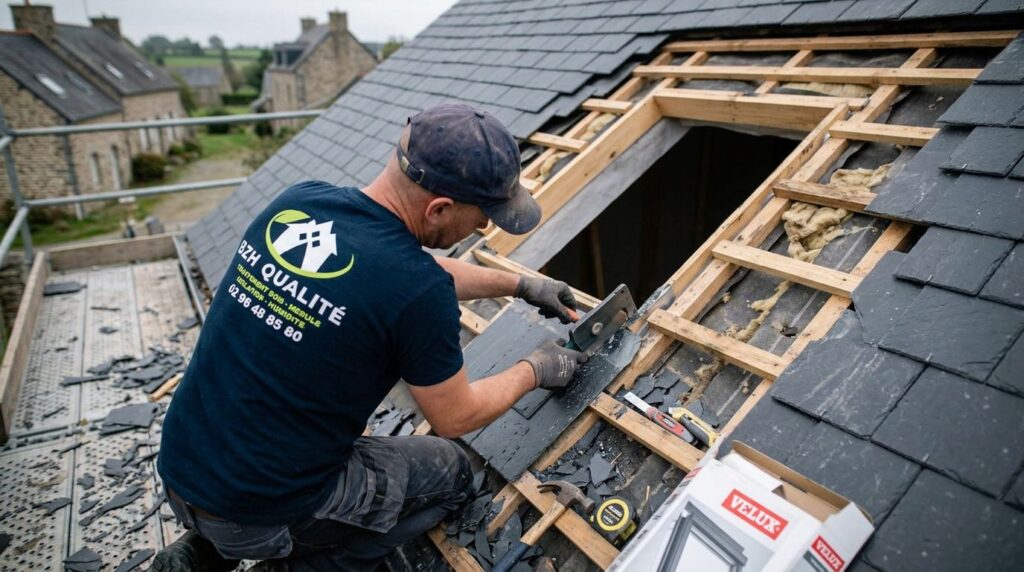 Pose d’une fenêtre Velux sur une toiture en ardoise